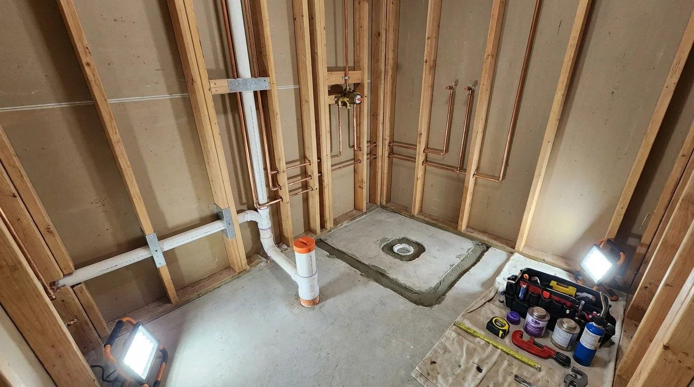 Bathroom rough-in plumbing during remodel by Johns Plumbing LLC in Sanbornton