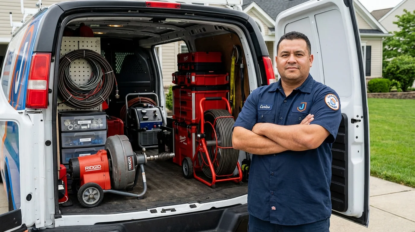 Professional drain cleaning equipment and Johns Plumbing LLC plumber in Sanbornton