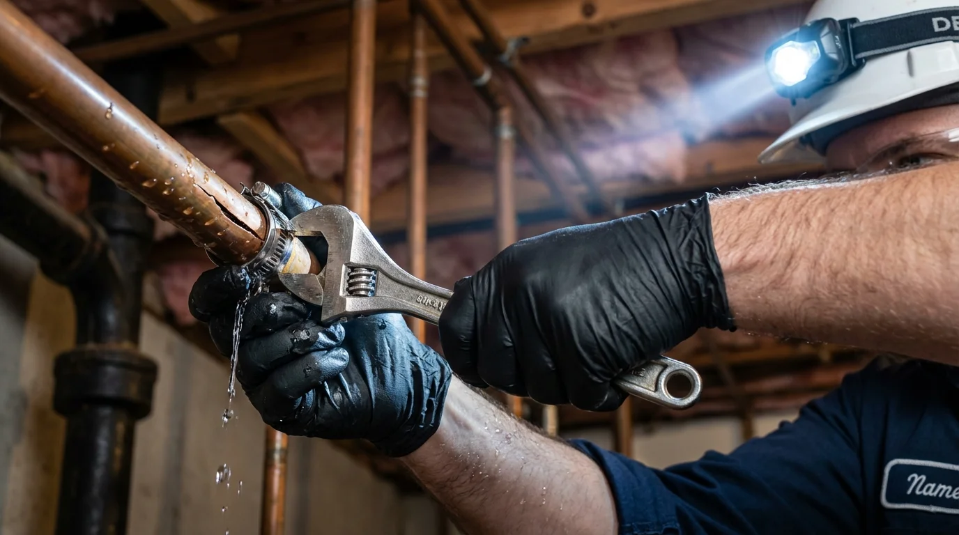 Emergency pipe clamp repair being performed by a Johns Plumbing LLC plumber in Sanbornton