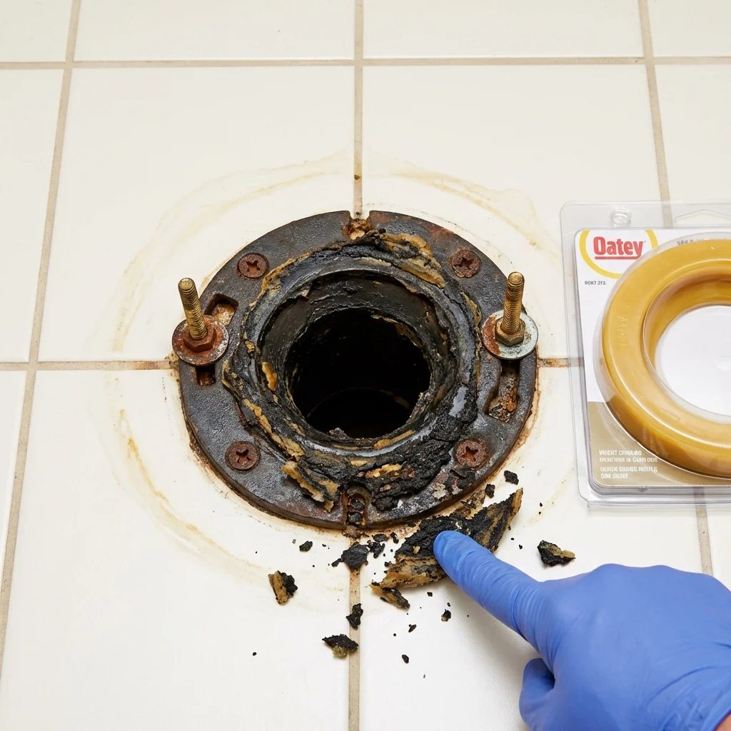 Failed wax ring showing water seepage at the base of a toilet in a Sanbornton, NH home
