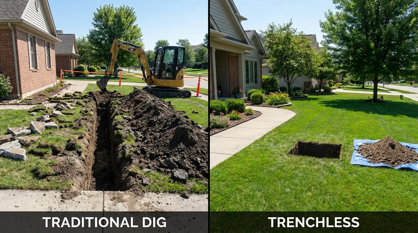Trenchless sewer repair with minimal yard damage versus traditional excavation in Sanbornton, NH