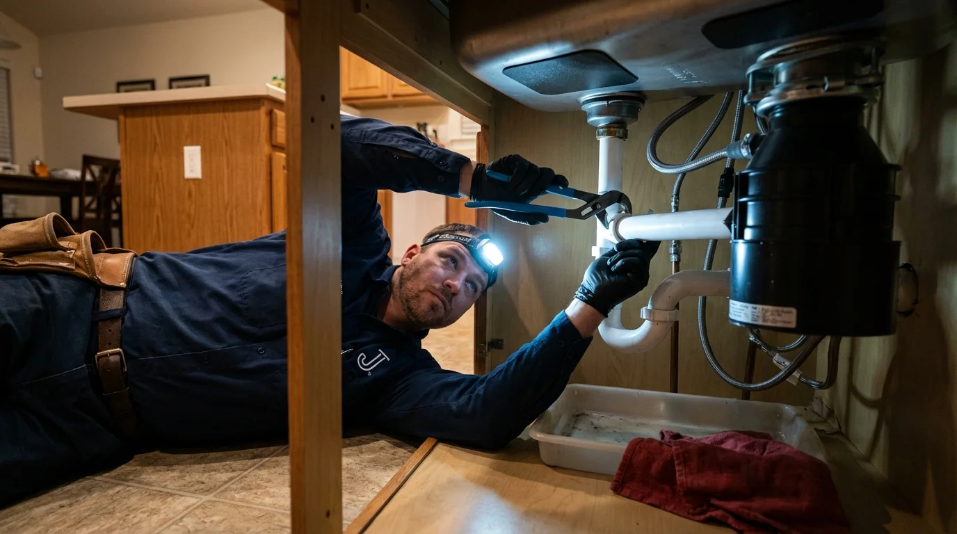 P-trap and supply line connections under a kitchen sink showing a common leak point in Sanbornton, NH